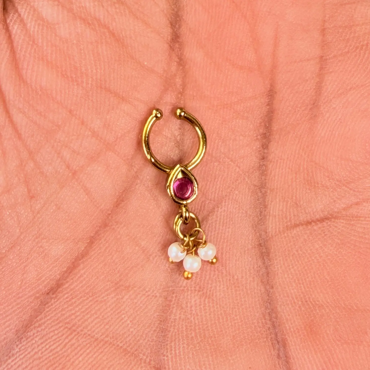 Ruby Stone and Pearl Drop Temple Nose Ring / Clicker