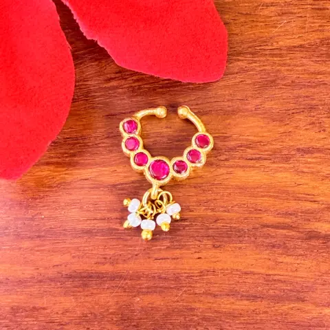 Ruby Stone Studded Temple Nose Ring / Clicker with Pearl Dangles