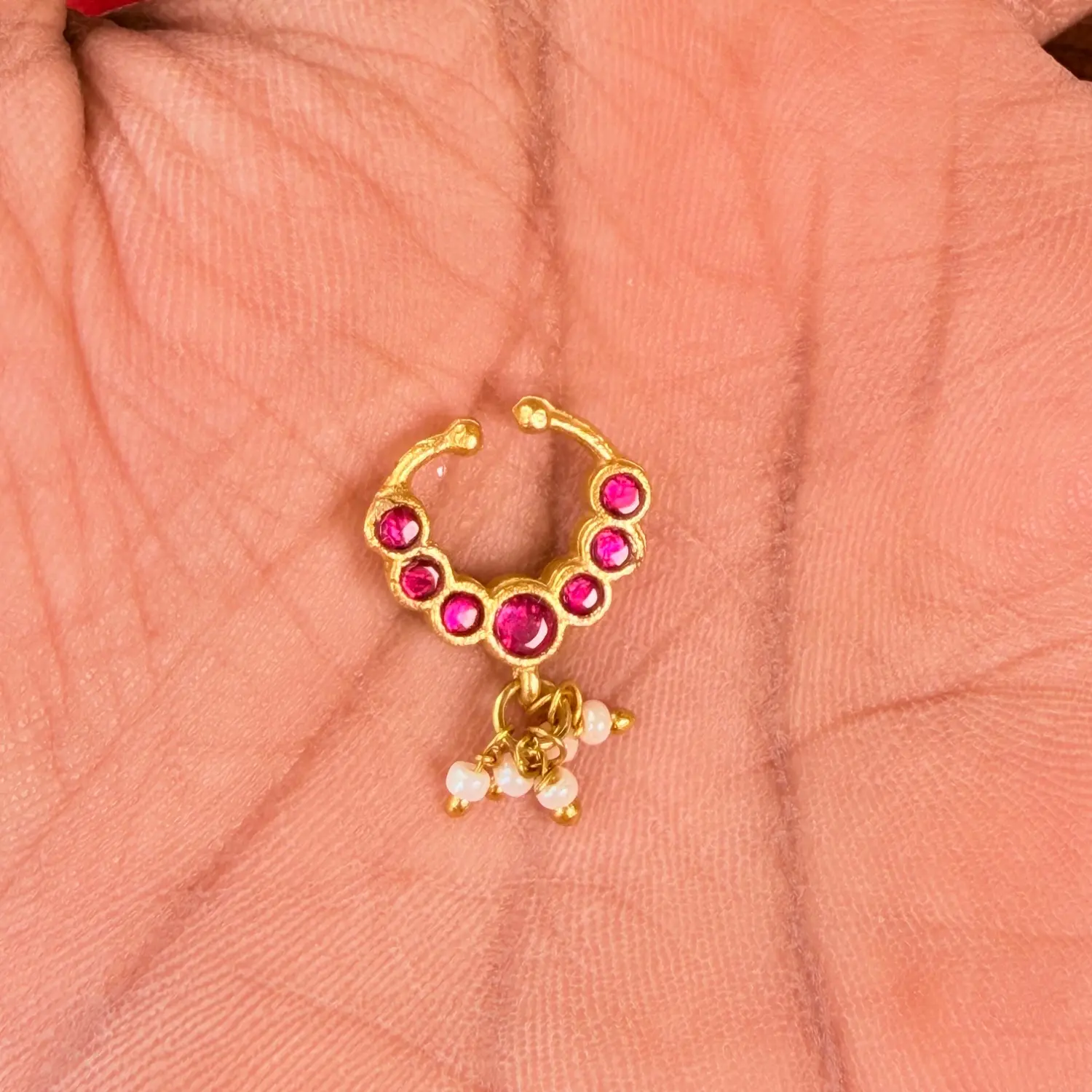 Ruby Stone Studded Temple Nose Ring / Clicker with Pearl Dangles