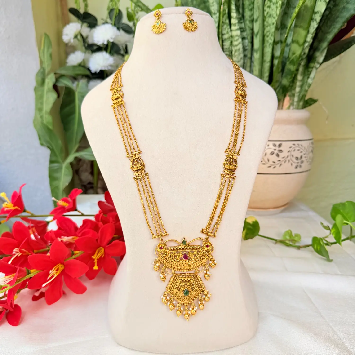 Multi-Strand Antique Temple Haram Set with Ornate Pendant and Studs