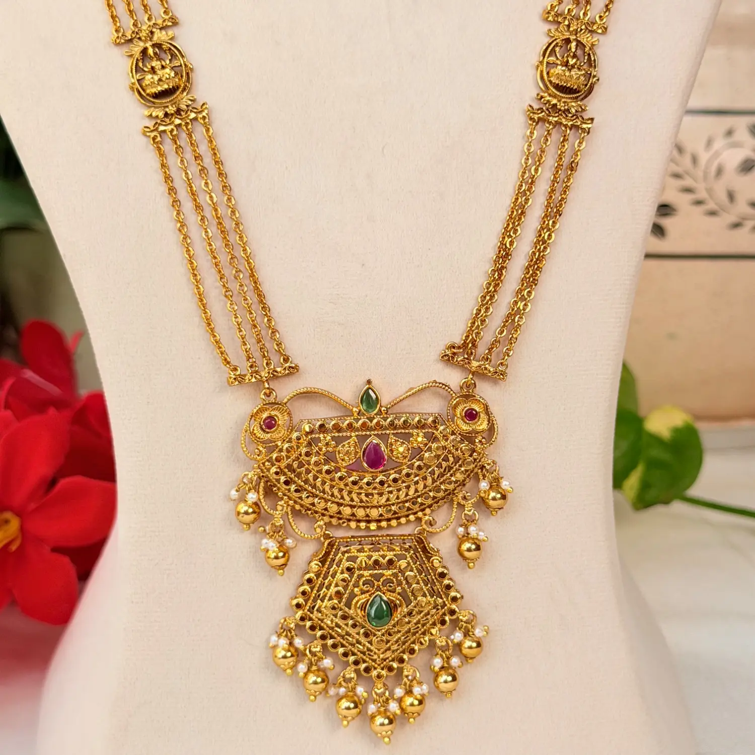 Multi-Strand Antique Temple Haram Set with Ornate Pendant and Studs