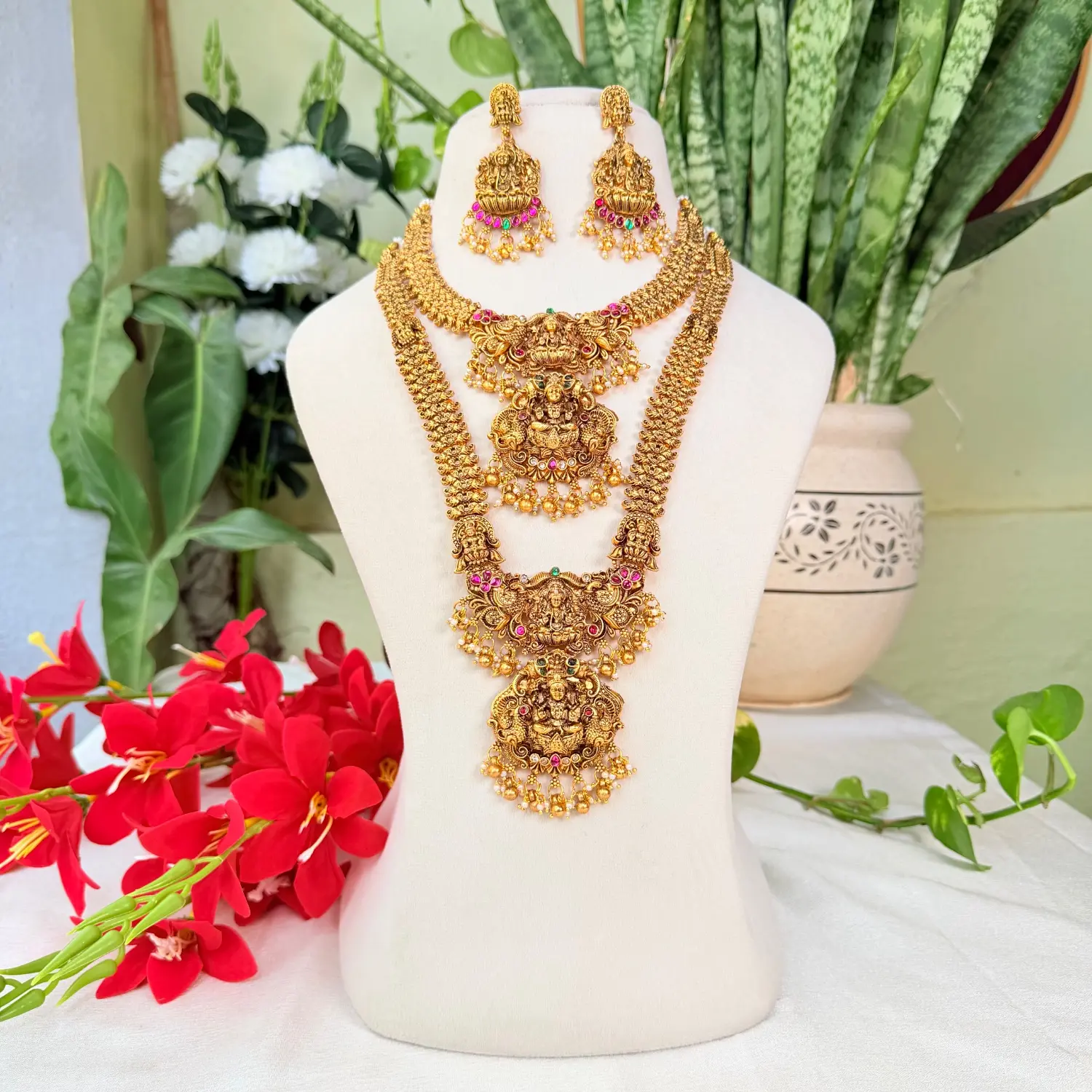 Layered Lakshmi Antique Temple Necklace and Haram Set with Earrings SJSB016