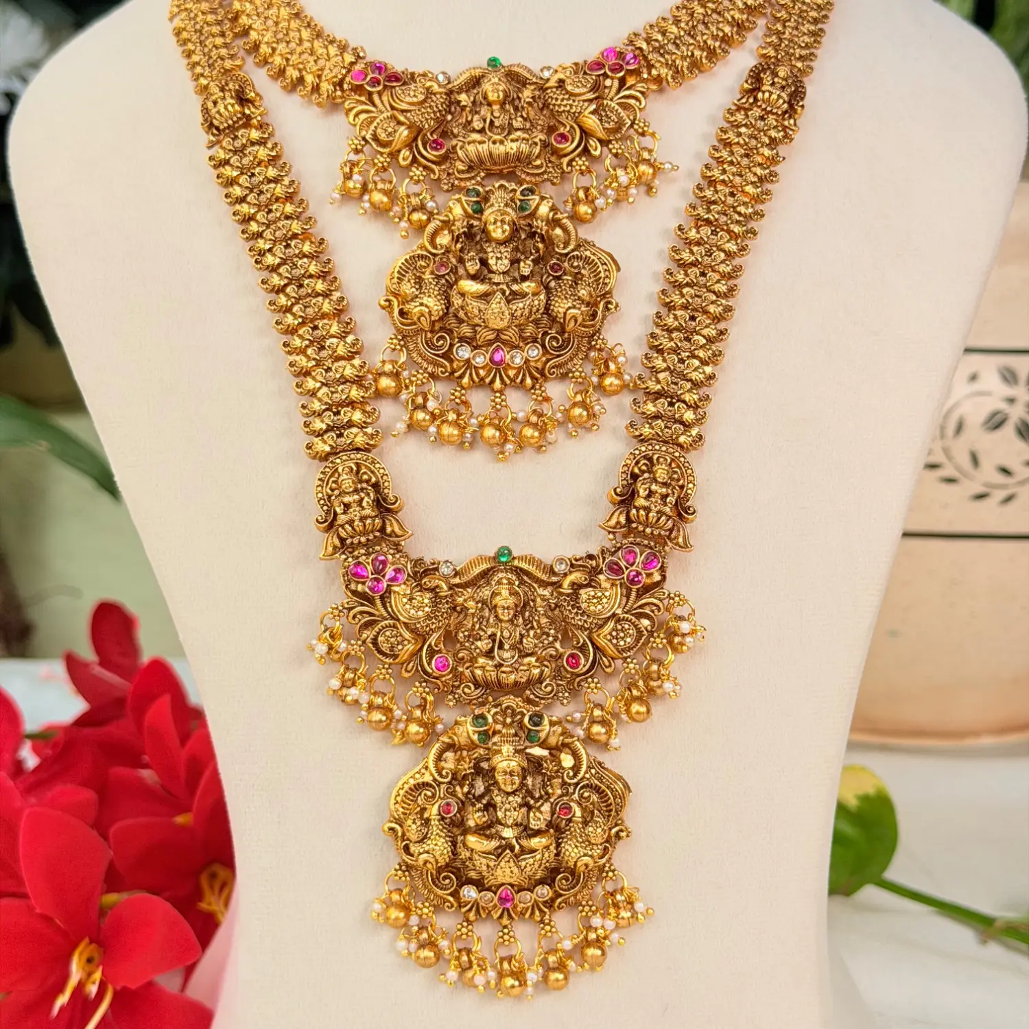 Layered Lakshmi Antique Temple Necklace and Haram Set with Earrings SJSB016