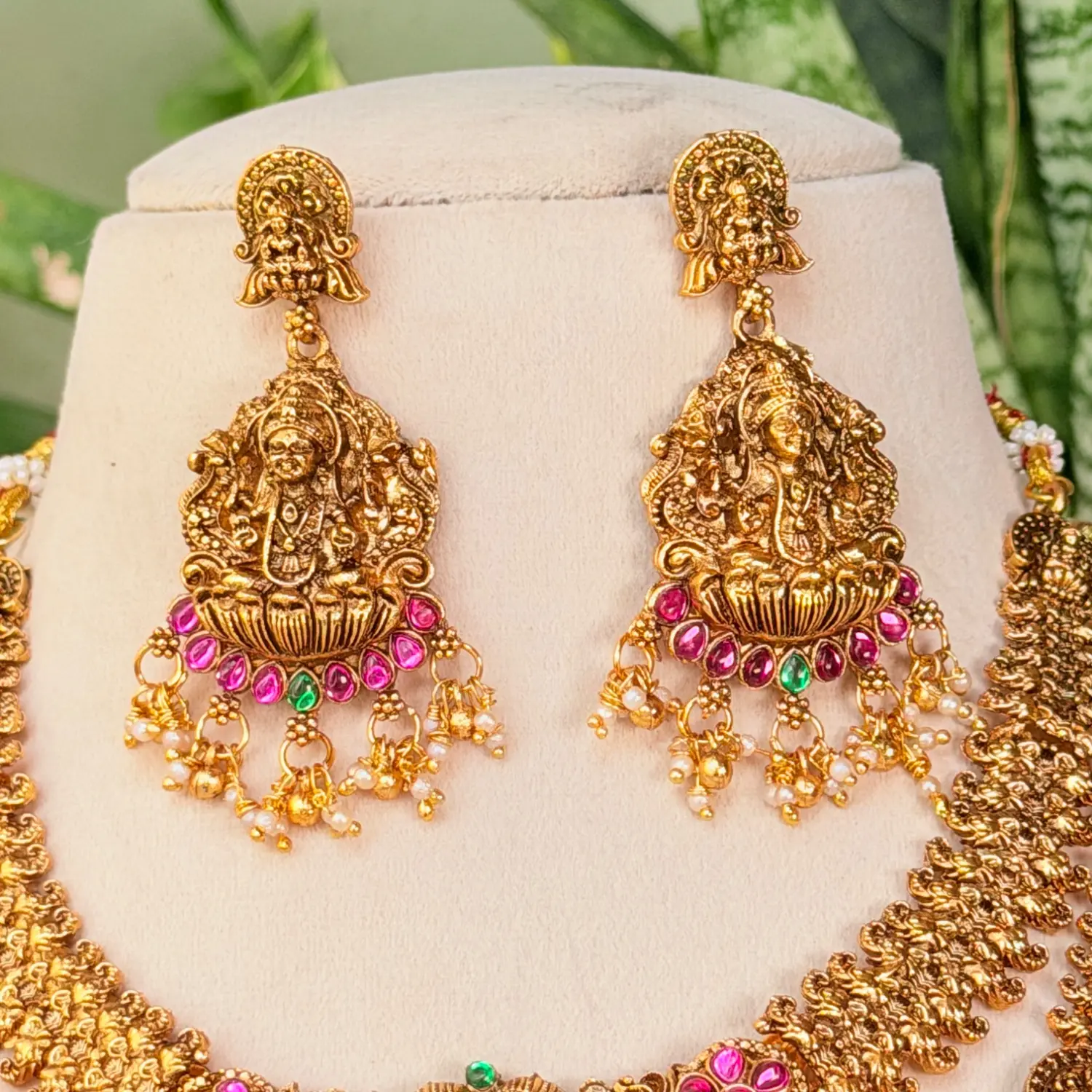 Layered Lakshmi Antique Temple Necklace and Haram Set with Earrings SJSB016