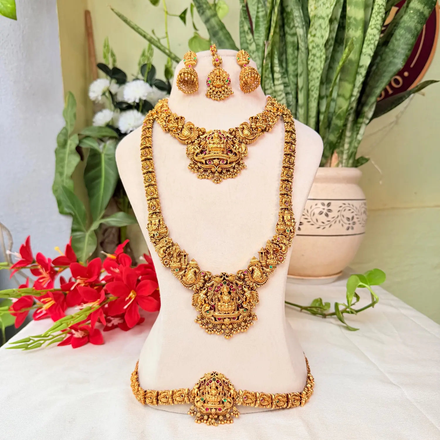 Antique Lakshmi Temple Complete Bridal Set with Necklace, Haram, Vaddanam, and Jhumkas
