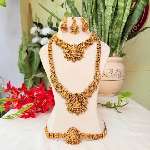 Antique Lakshmi Temple Complete Bridal Set with Necklace, Haram, Vaddanam, and Jhumkas