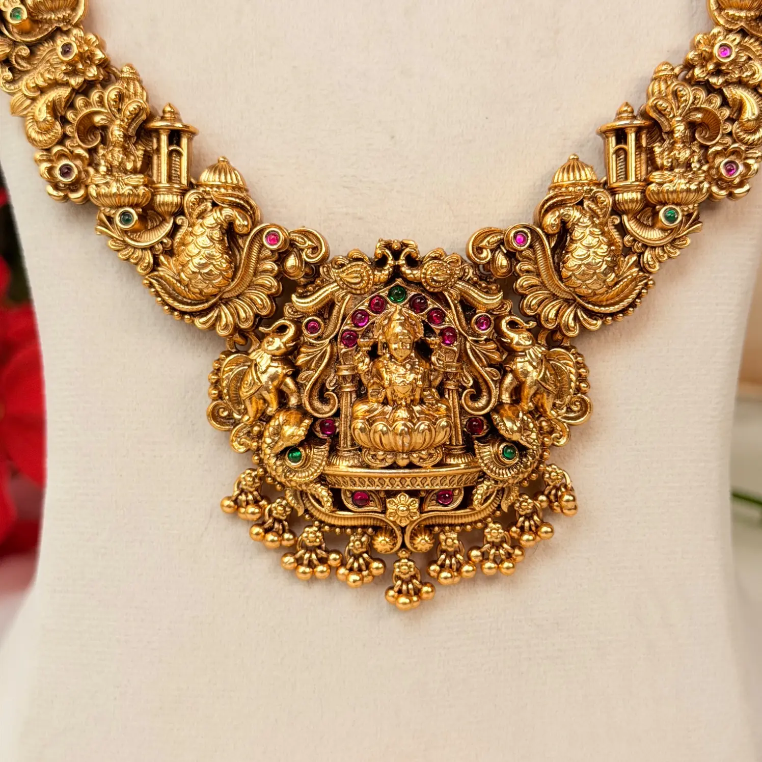 Antique Lakshmi Temple Complete Bridal Set with Necklace, Haram, Vaddanam, and Jhumkas