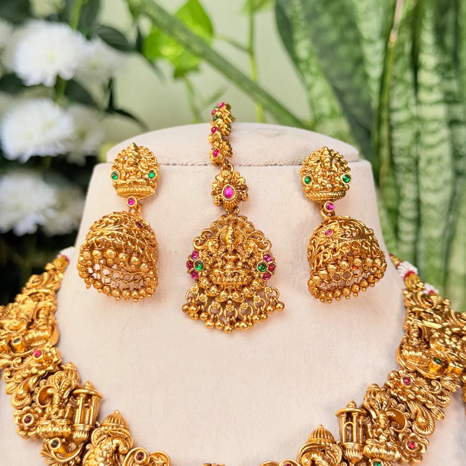 Antique Lakshmi Temple Complete Bridal Set with Necklace, Haram, Vaddanam, and Jhumkas