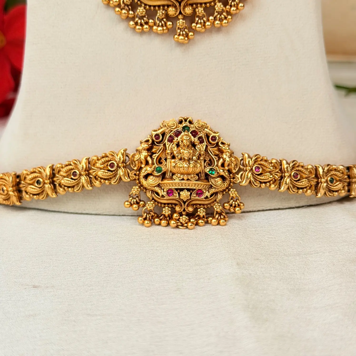 Antique Lakshmi Temple Complete Bridal Set with Necklace, Haram, Vaddanam, and Jhumkas