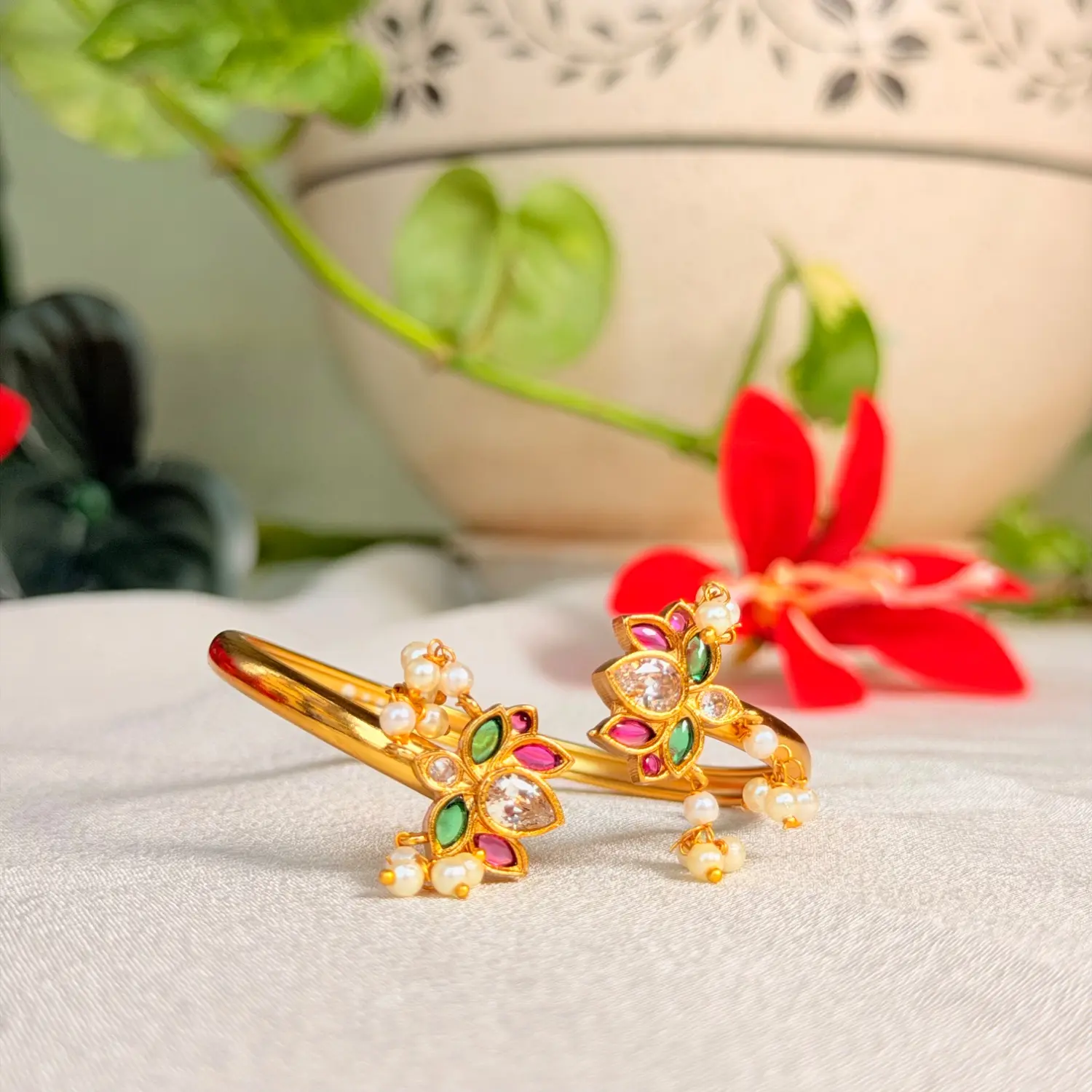Floral Open-Cuff Antique Bangle with Gemstones and Pearl Dangles