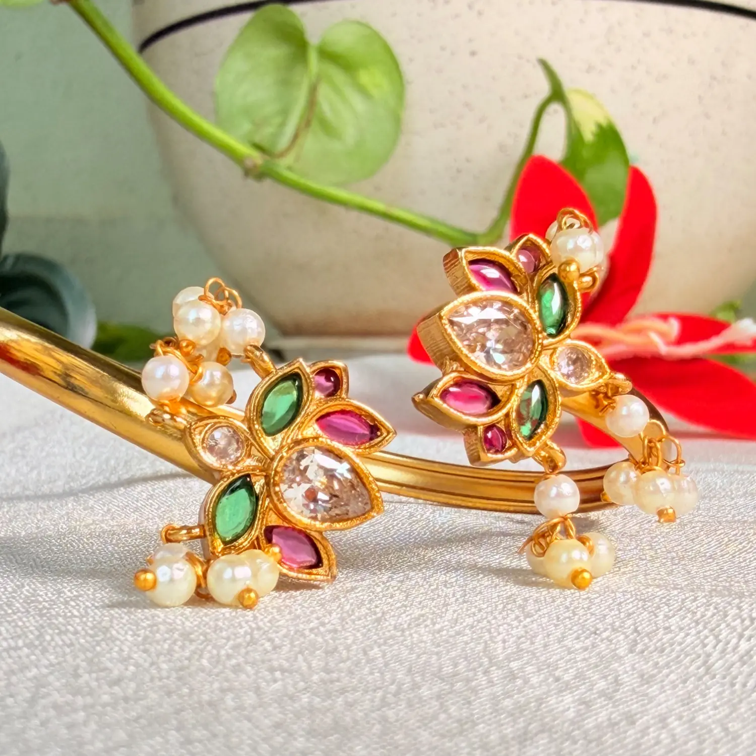 Floral Open-Cuff Antique Bangle with Gemstones and Pearl Dangles