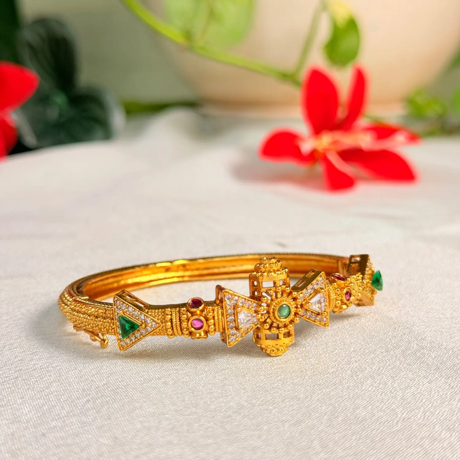Geometric Stone Studded Antique Gold Bangle
