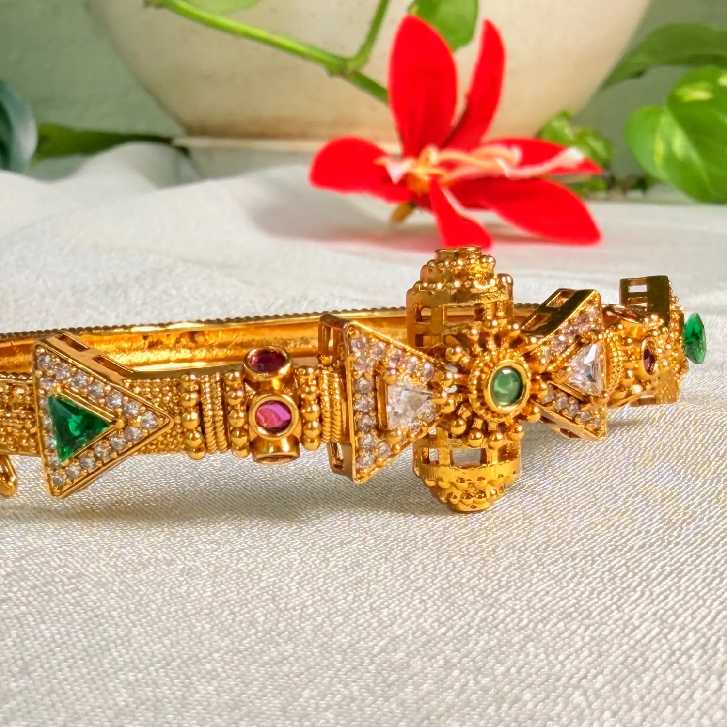 Geometric Stone Studded Antique Gold Bangle