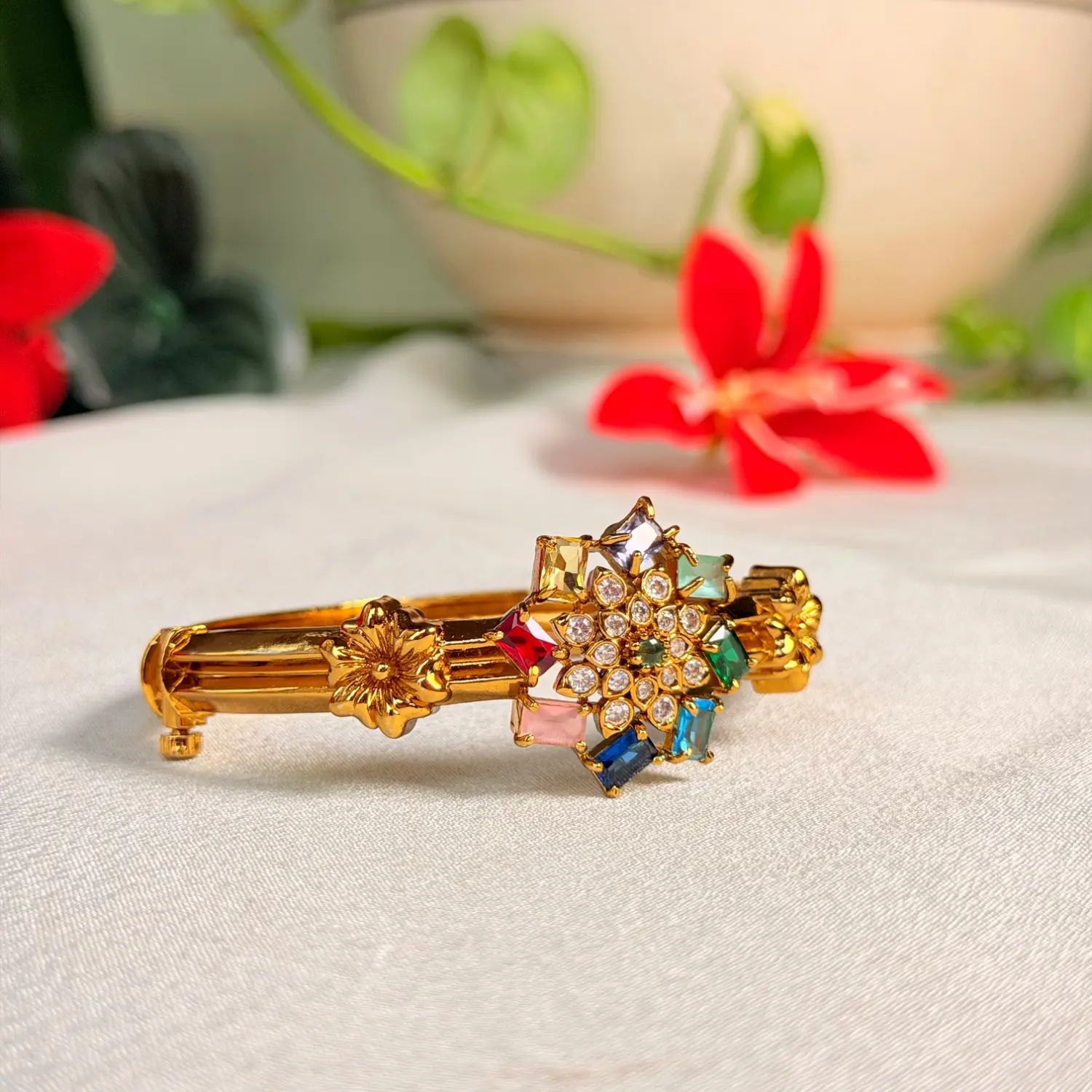 Navratna Multi-Color Stone Floral Motif Antique Bangle