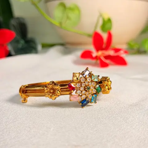 Navratna Multi-Color Stone Floral Motif Antique Bangle