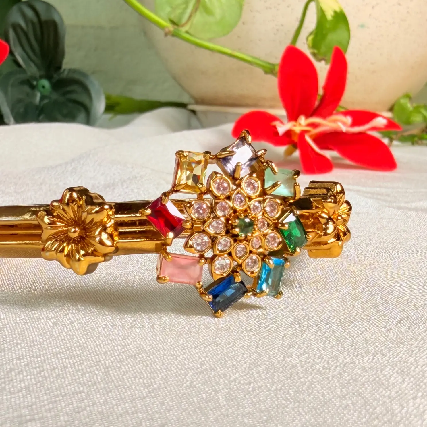 Navratna Multi-Color Stone Floral Motif Antique Bangle
