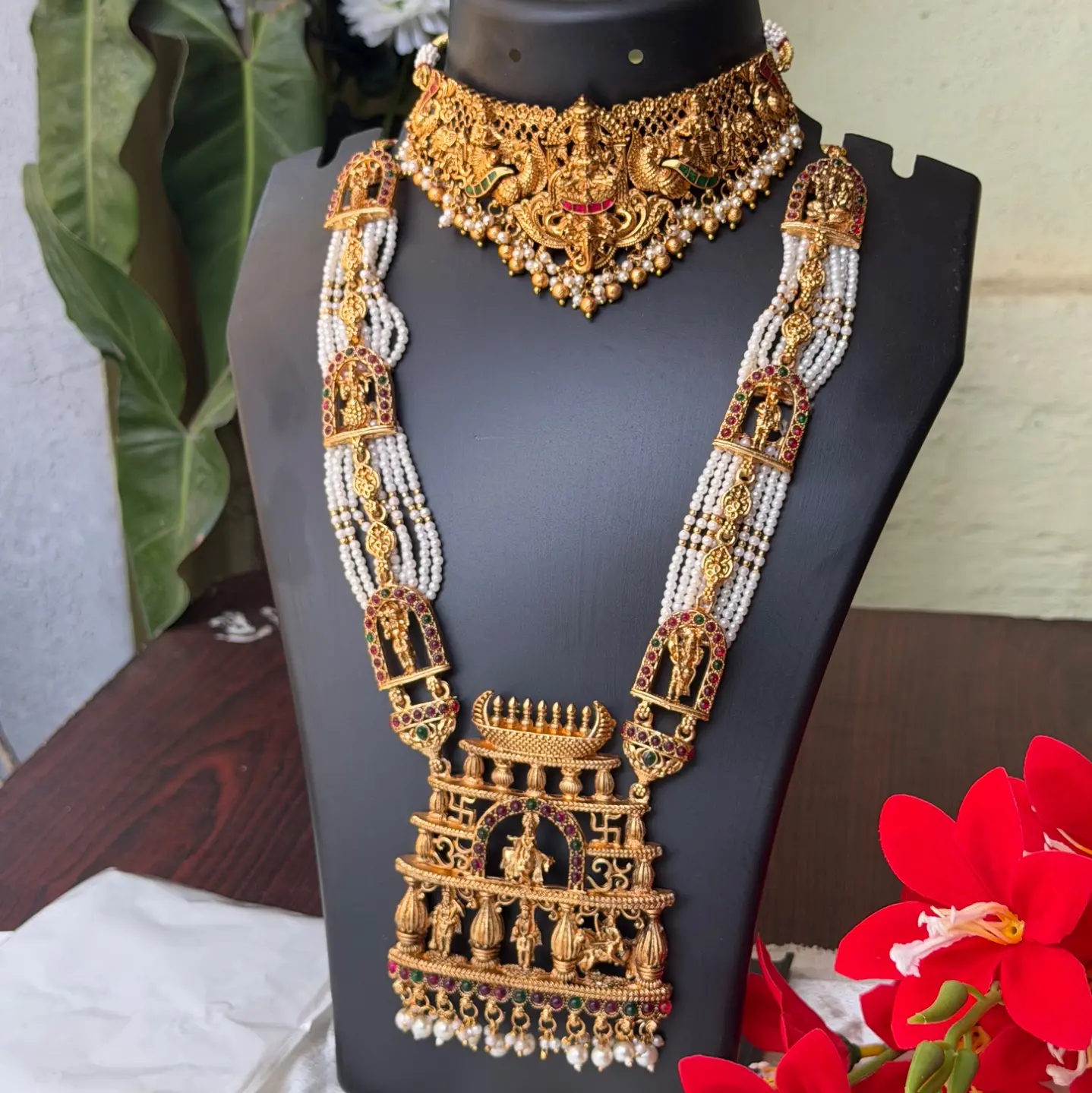 Royal Temple Nakshi Bridal Combo Set | Antique Gold Choker, Long Haram & Jhumkas SJC006