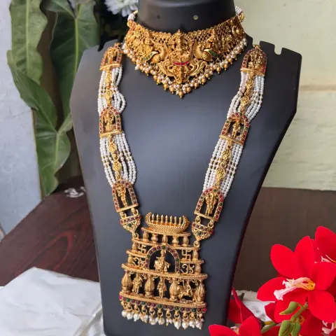 Royal Temple Nakshi Bridal Combo Set | Antique Gold Choker, Long Haram & Jhumkas SJC006