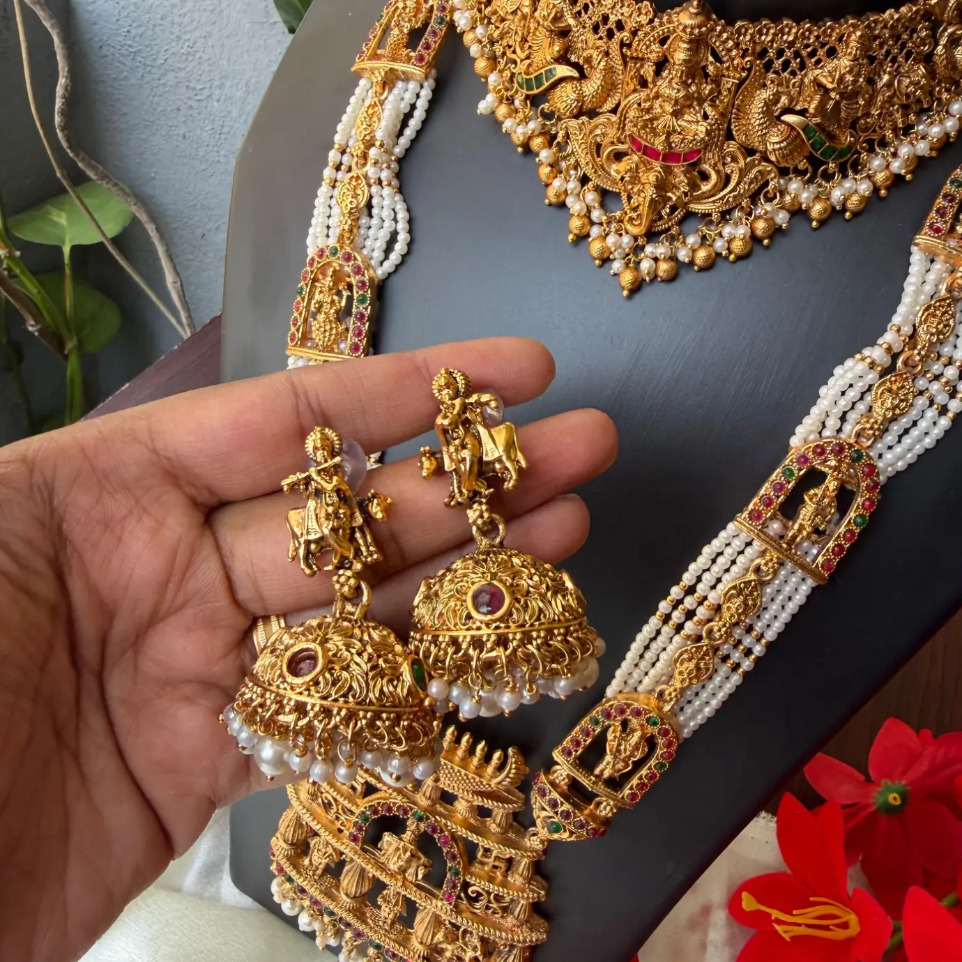 Royal Temple Nakshi Bridal Combo Set | Antique Gold Choker, Long Haram & Jhumkas SJC006