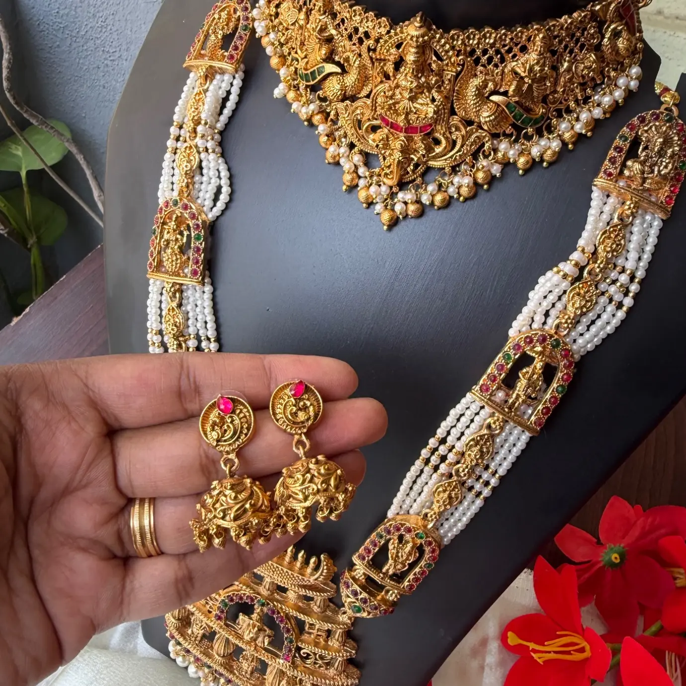 Royal Temple Nakshi Bridal Combo Set | Antique Gold Choker, Long Haram & Jhumkas SJC006