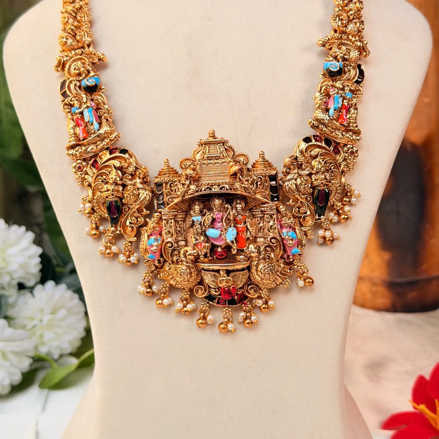 Lakshmi Coin Kasu Antique Gold Necklace with Green Beads SJSB019