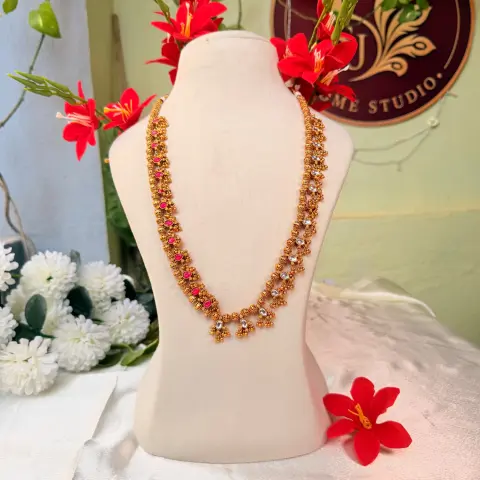 Ruby & White CZ Antique Gold Long Haram Necklace 2 in 1 SJLH019