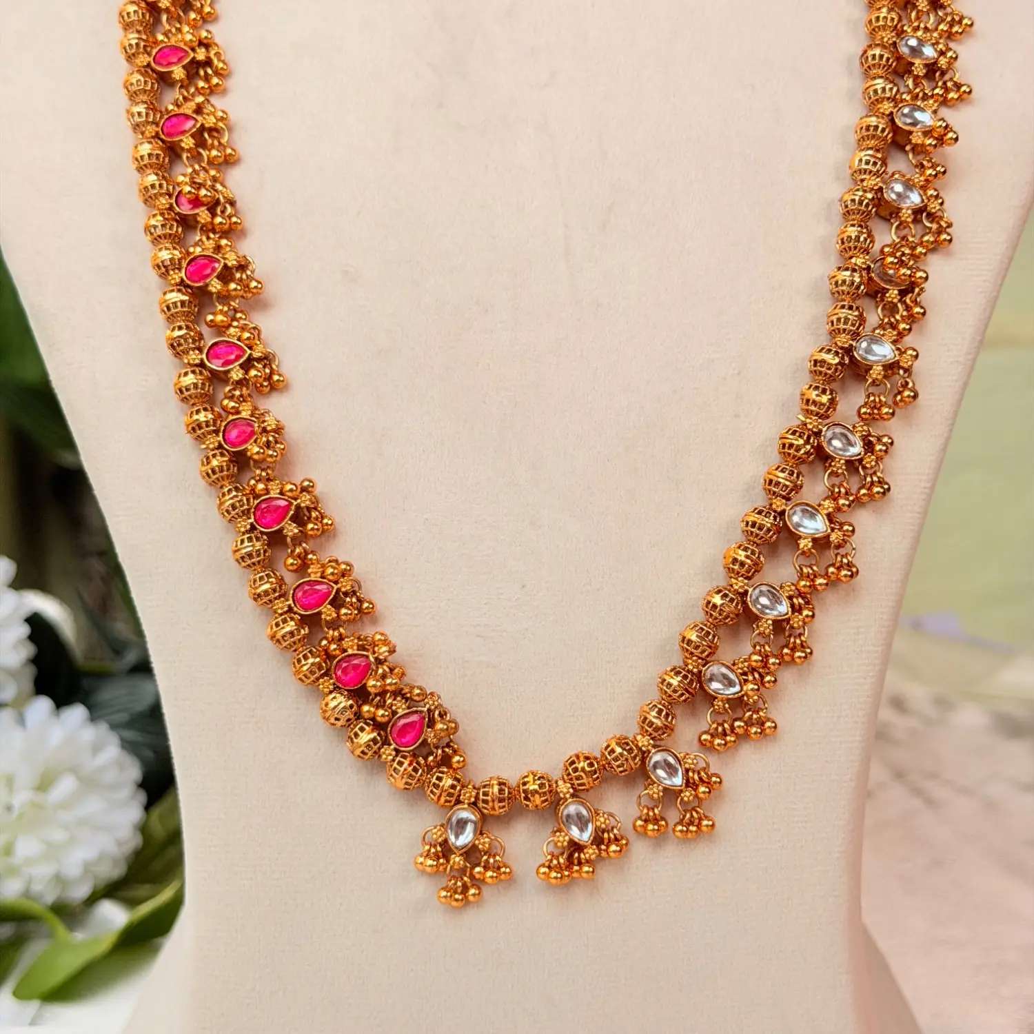Ruby & White CZ Antique Gold Long Haram Necklace 2 in 1 SJLH019