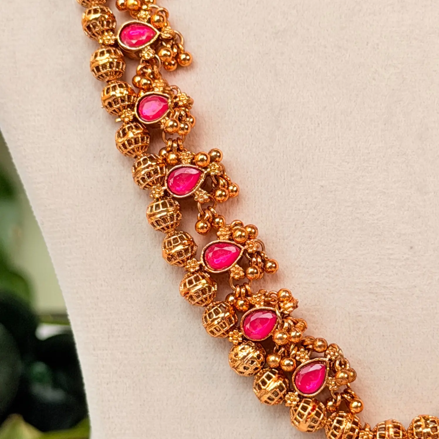 Ruby & White CZ Antique Gold Long Haram Necklace 2 in 1 SJLH019