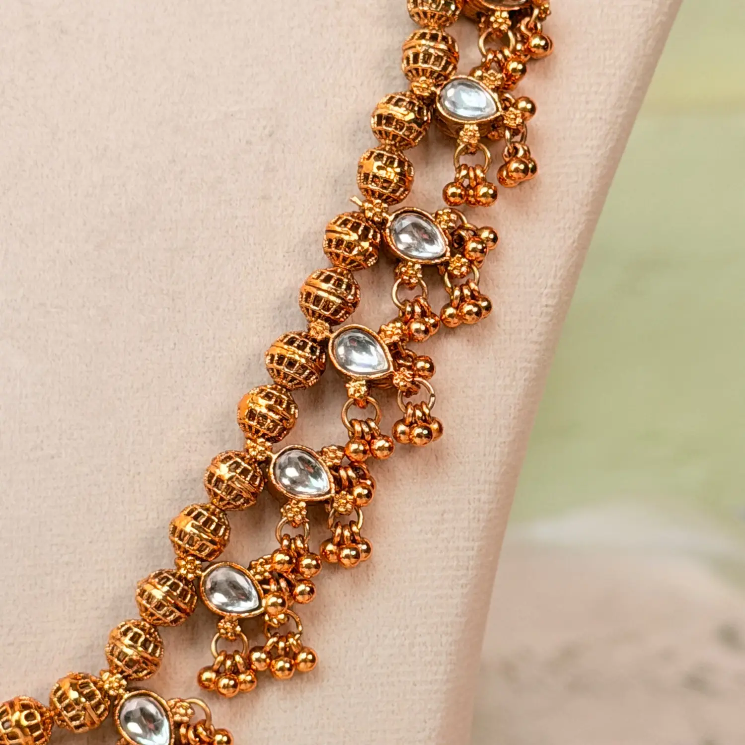 Ruby & White CZ Antique Gold Long Haram Necklace 2 in 1 SJLH019