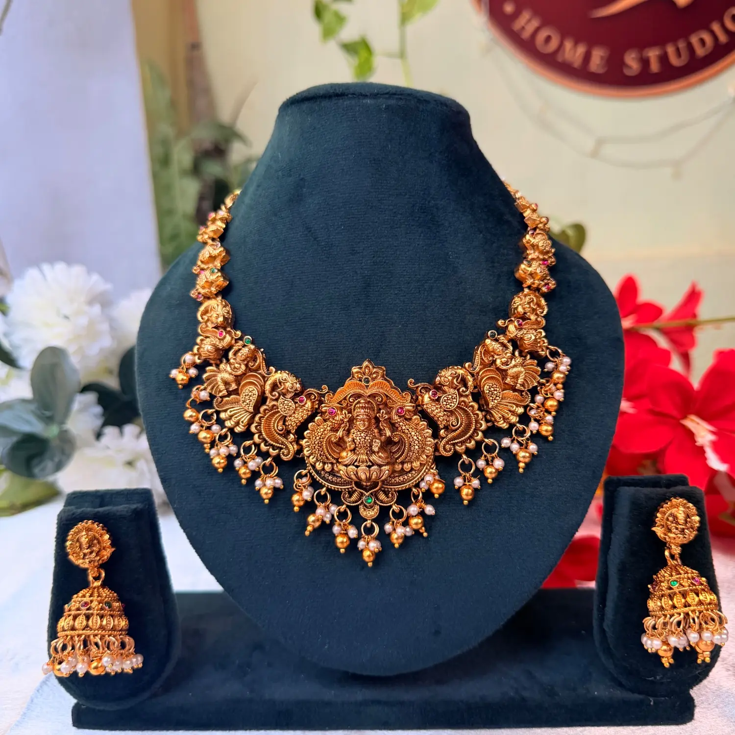 Peacock & Lakshmi Temple Antique Gold Necklace Set with Jhumkas SJPM026