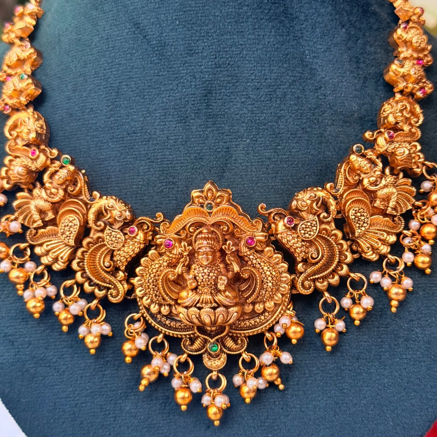 Peacock & Lakshmi Temple Antique Gold Necklace Set with Jhumkas SJPM026