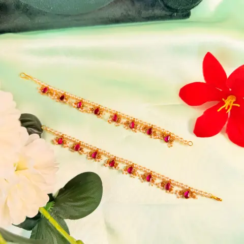 Ruby Stone & Pearl Hair Chain Maatalu Set
