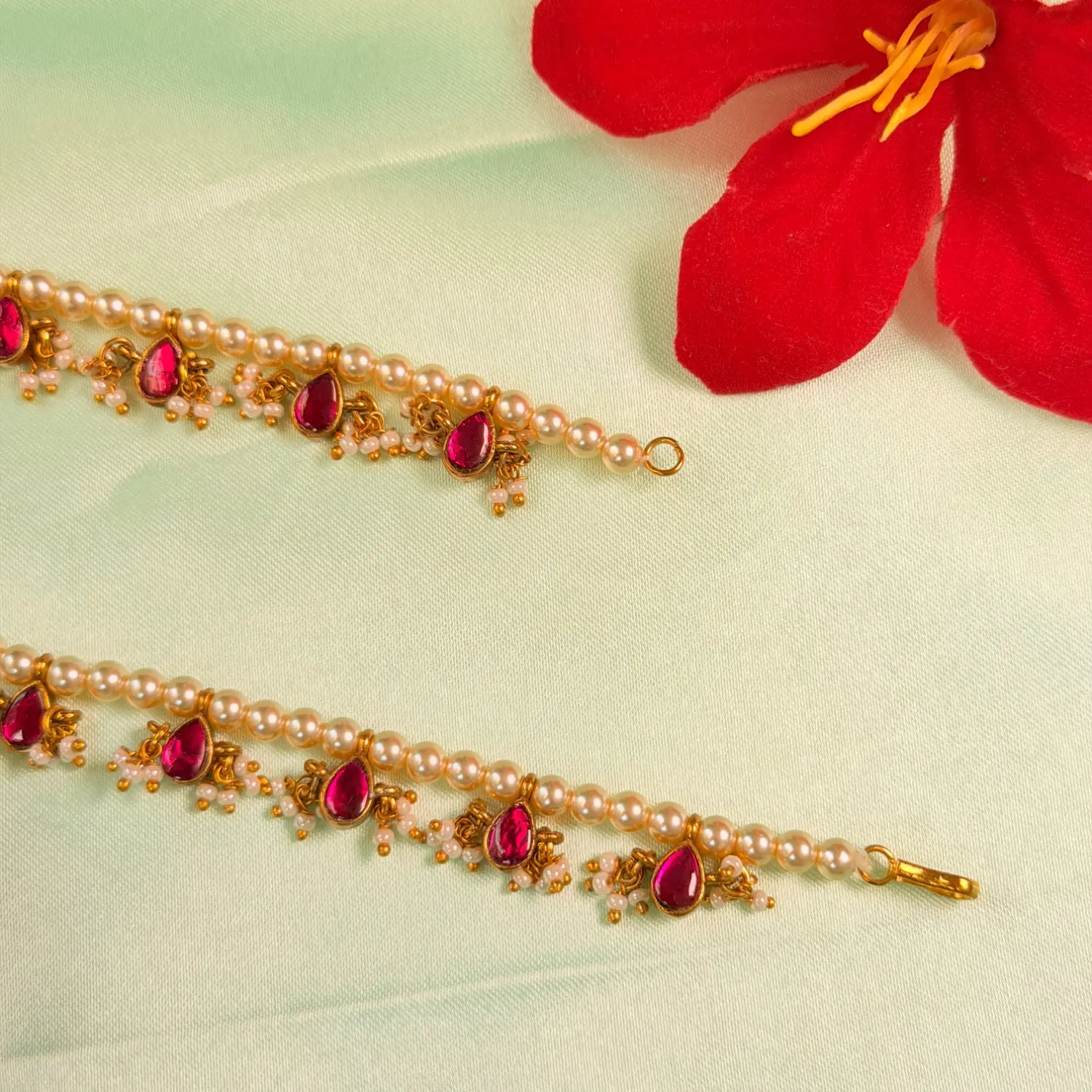 Ruby Stone & Pearl Hair Chain Maatalu Set