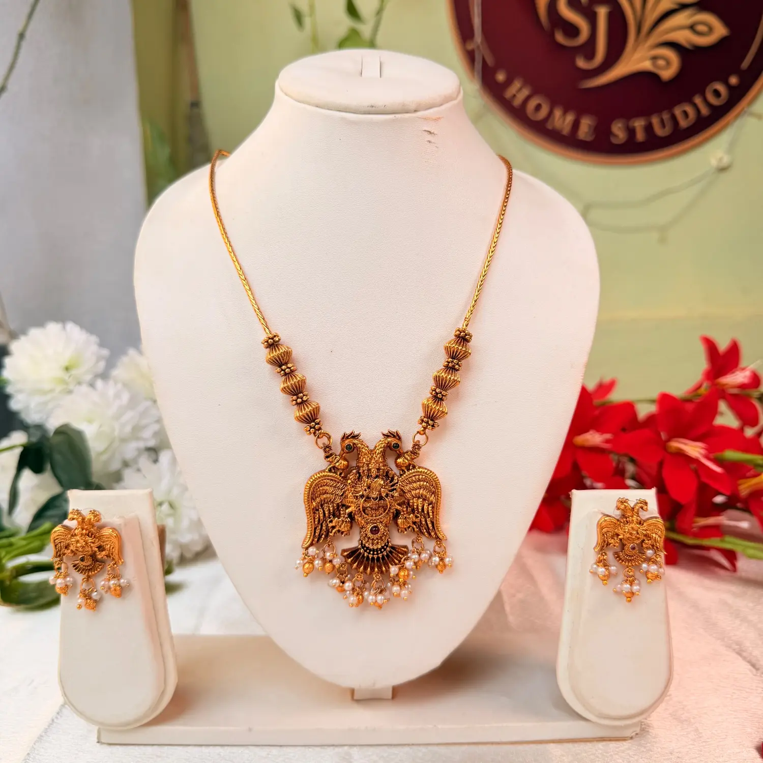 Double Peacock Temple Antique Gold Pendant Necklace Set with Earrings SJMH041