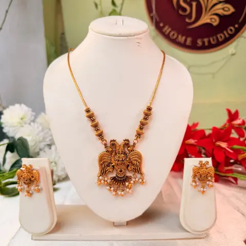 Double Peacock Temple Antique Gold Pendant Necklace Set with Earrings SJMH041