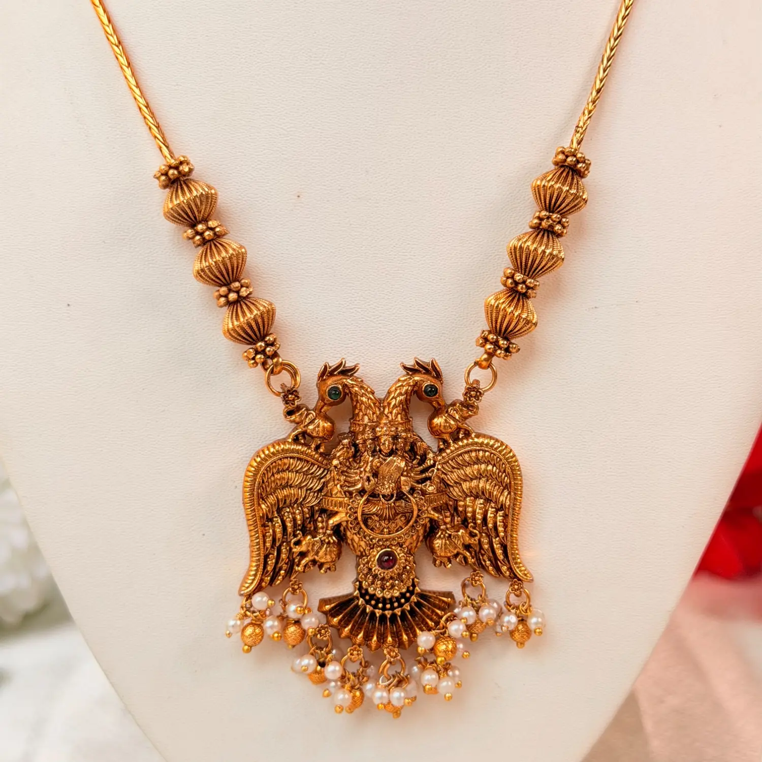 Double Peacock Temple Antique Gold Pendant Necklace Set with Earrings SJMH041
