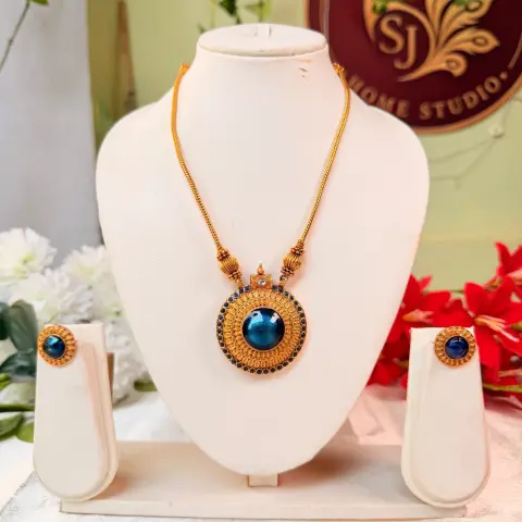 Royal Blue Stone & Antique Gold Pendant Necklace Set with Earrings SJMH042