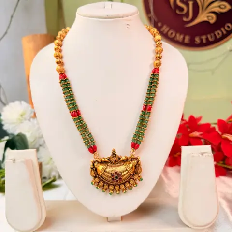 Shringara Traditional Ruby & Emerald Beaded Long Haram Peacock Filigree Uncut CZ Pendant Necklace Set SJAD044