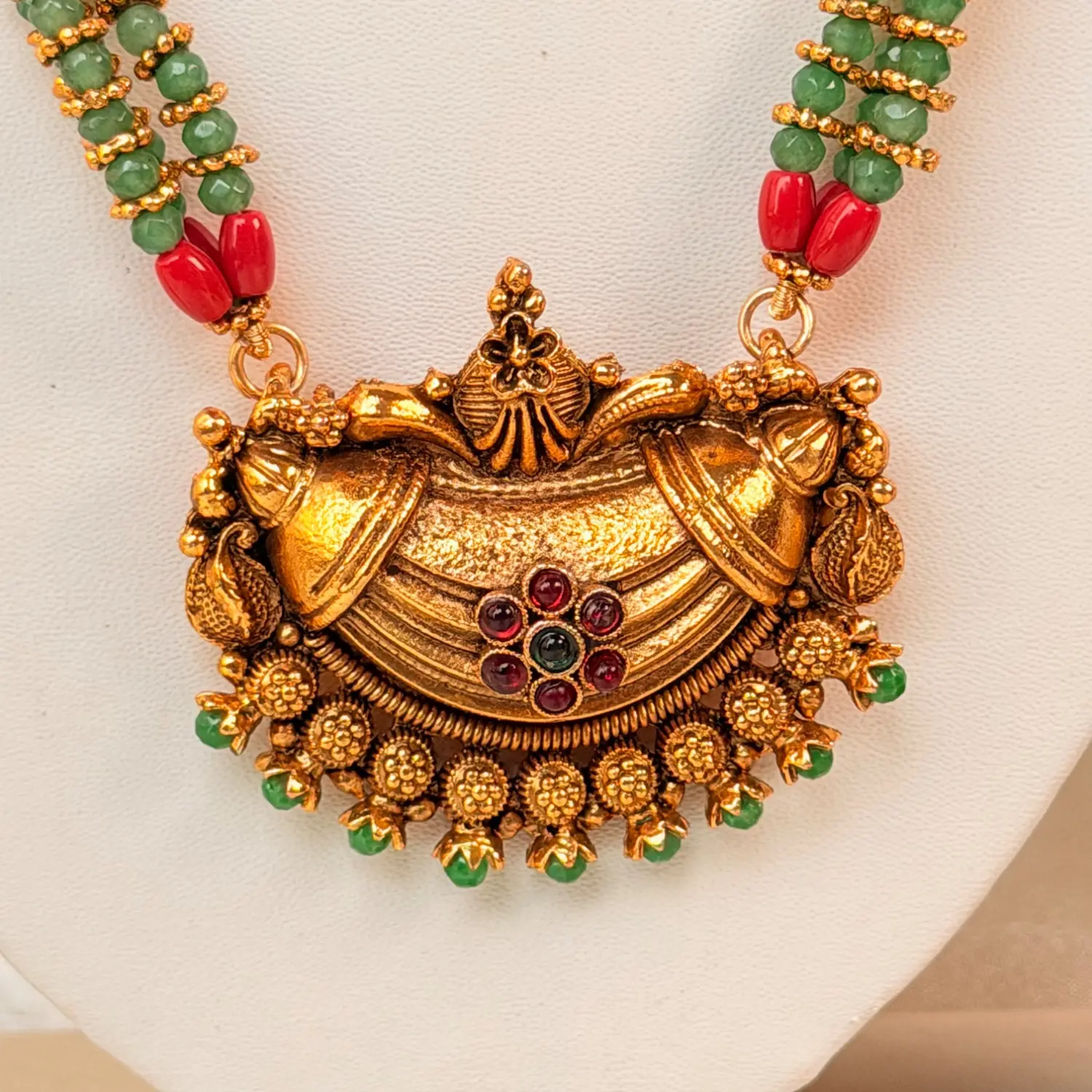 Shringara Traditional Ruby & Emerald Beaded Long Haram Peacock Filigree Uncut CZ Pendant Necklace Set SJAD044