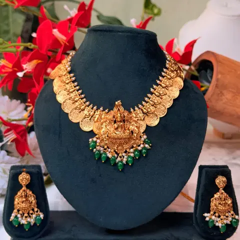 Heritage Lakshmi Coin Kasu Antique Gold Necklace with Green Beads SJSN060