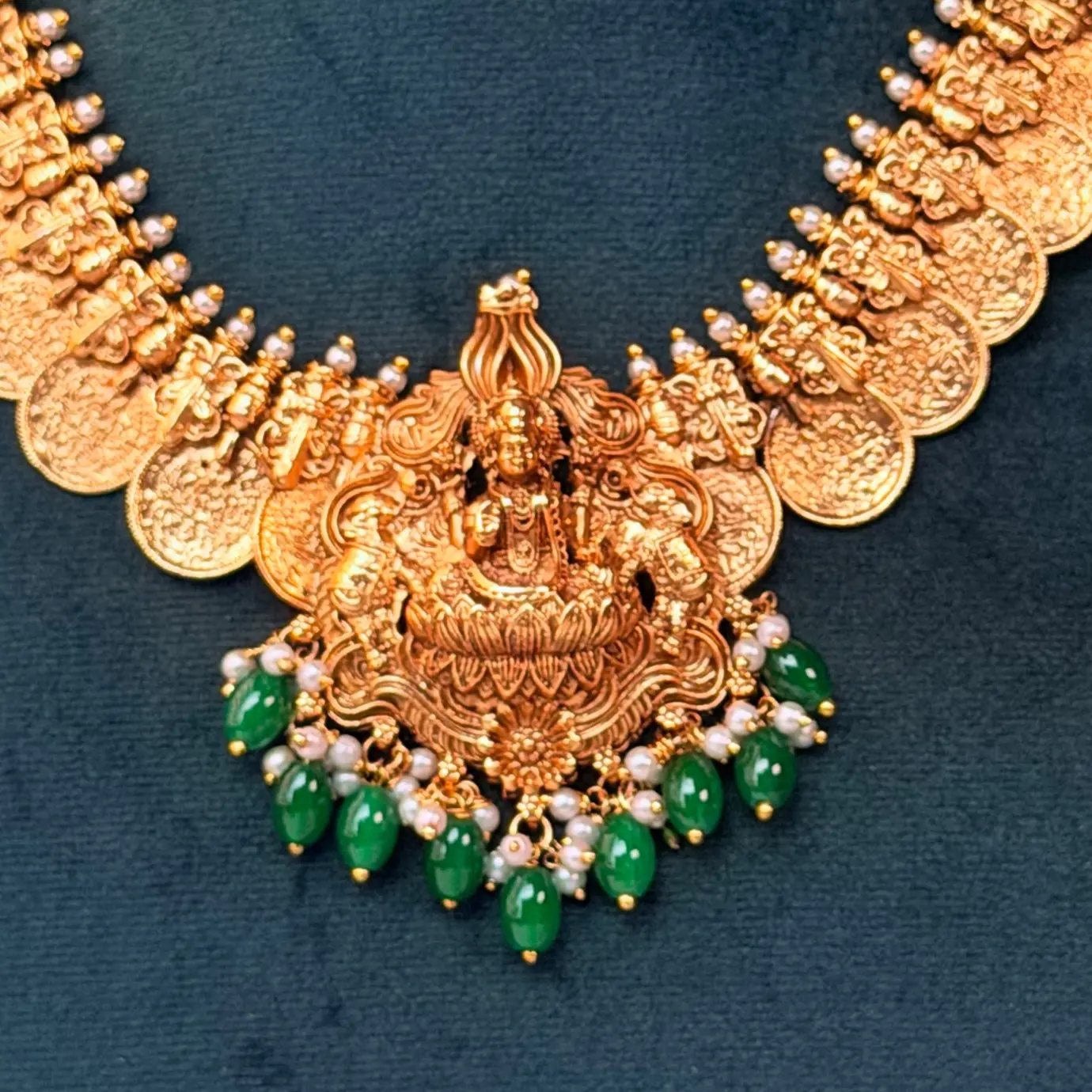 Heritage Lakshmi Coin Kasu Antique Gold Necklace with Green Beads SJSN060