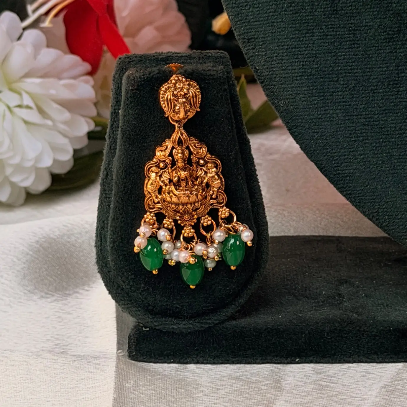Heritage Lakshmi Coin Kasu Antique Gold Necklace with Green Beads SJSN060