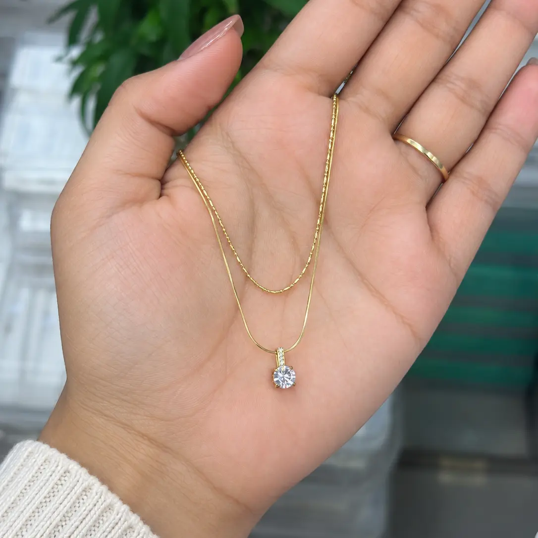 Celeste solitaire pendant double layer necklace