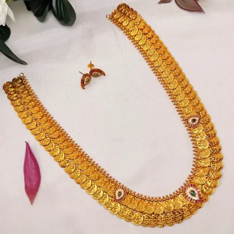 1 Gram Gold Plated Triple-Layered Kasu Mala / 3-Step Lakshmi Kasu Haram with Paisely Stud Earrings SJLH022