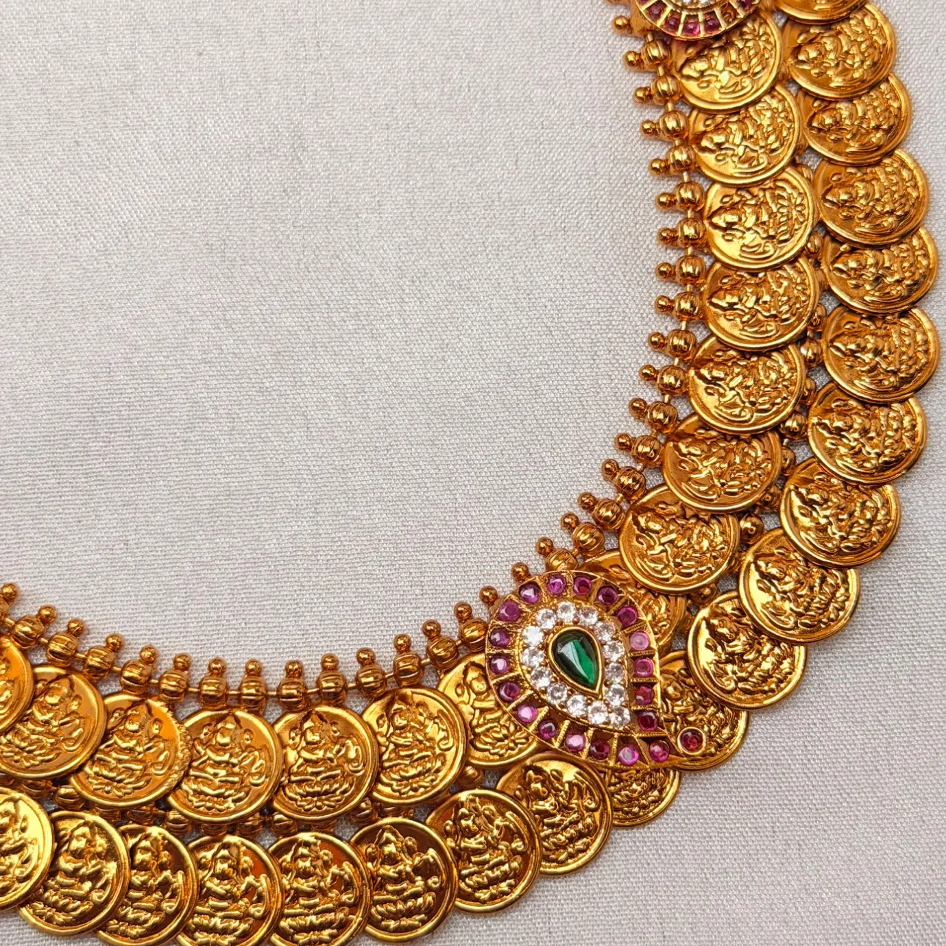 1 Gram Gold Plated Triple-Layered Kasu Mala / 3-Step Lakshmi Kasu Haram with Paisely Stud Earrings SJLH022