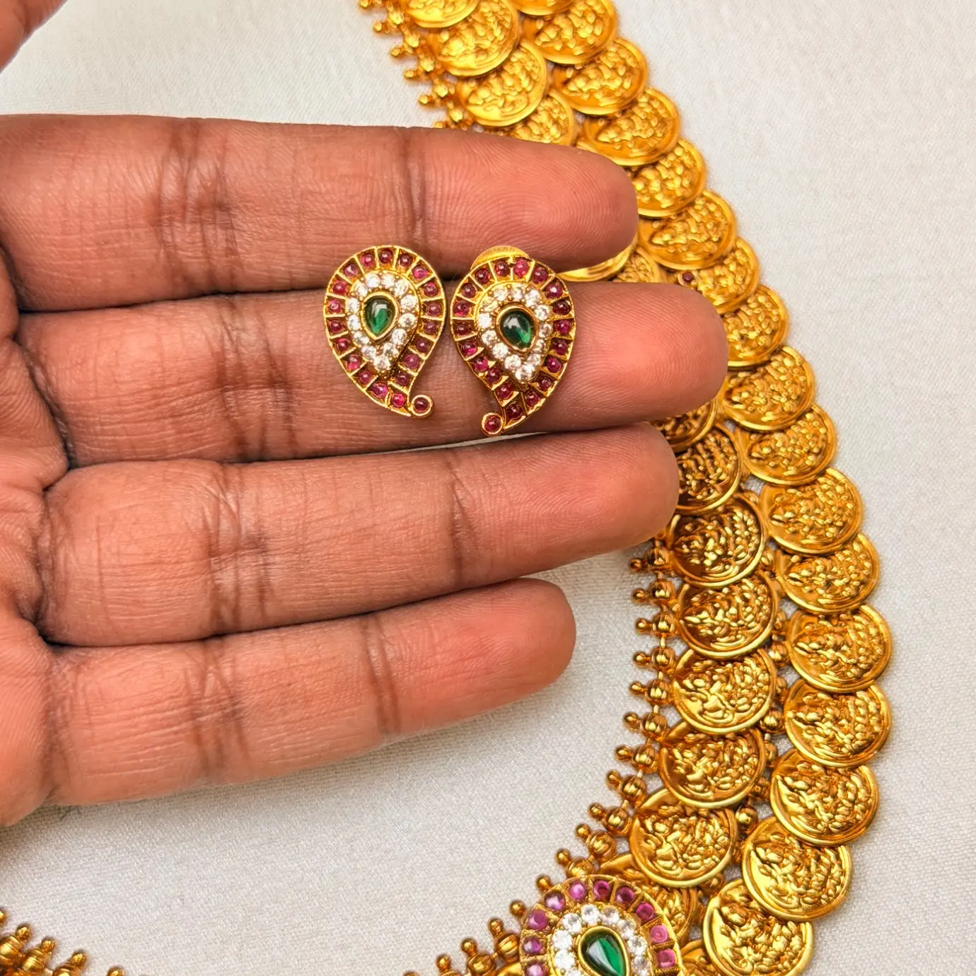 1 Gram Gold Plated Triple-Layered Kasu Mala / 3-Step Lakshmi Kasu Haram with Paisely Stud Earrings SJLH022