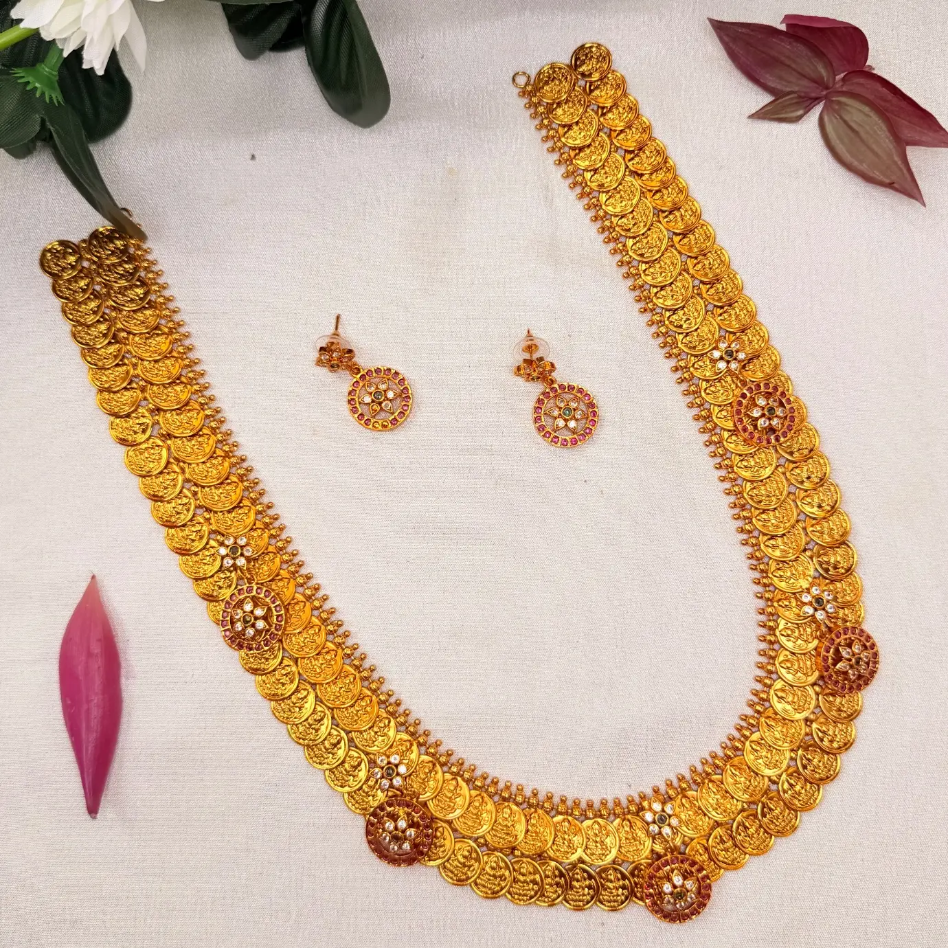 1 Gram Gold Plated Double-Step Kasu Mala / 2-Layer Lakshmi Kasu Haram with Floral CZ Medallion Motifs & Matching Studs SJLH023