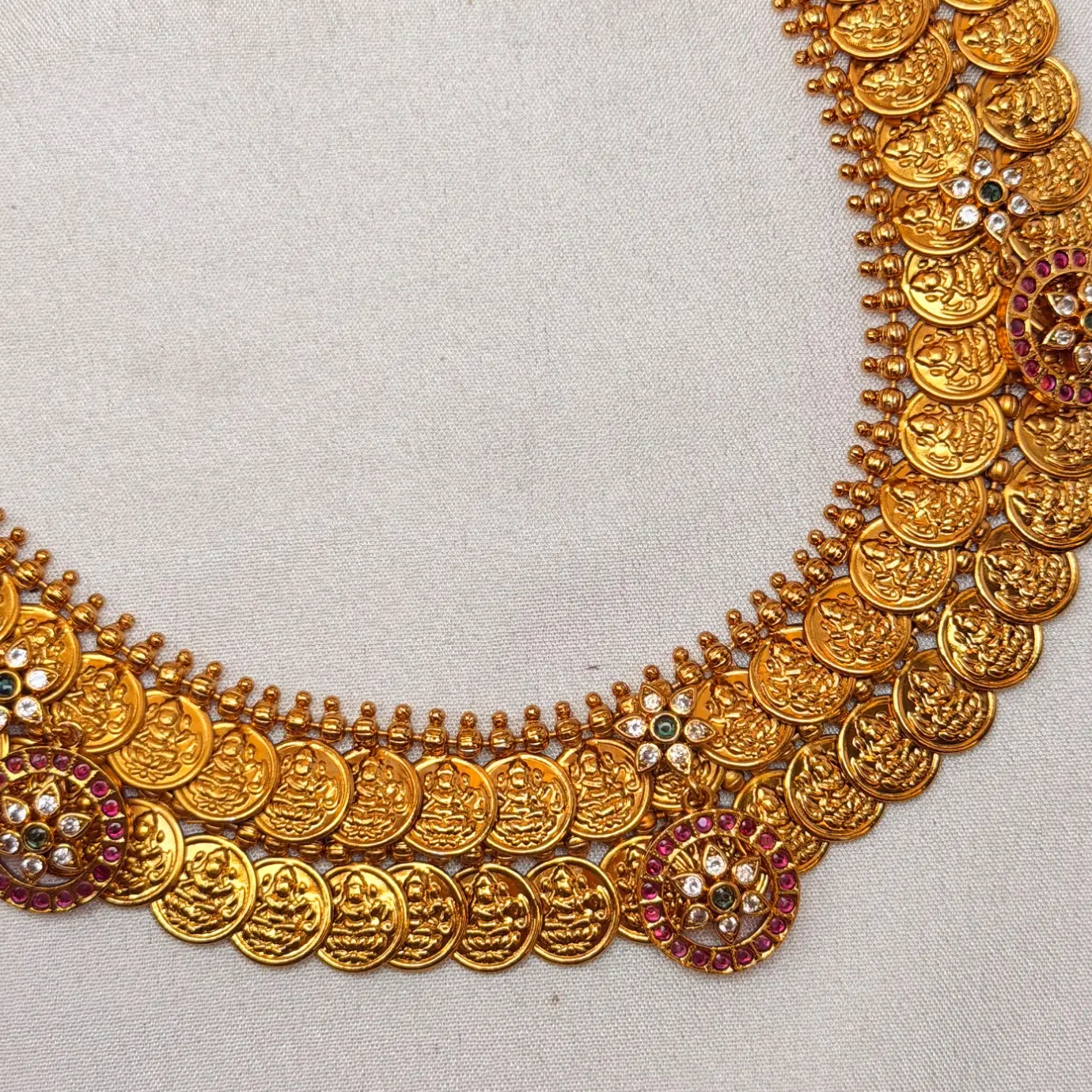 1 Gram Gold Plated Double-Step Kasu Mala / 2-Layer Lakshmi Kasu Haram with Floral CZ Medallion Motifs & Matching Studs SJLH023