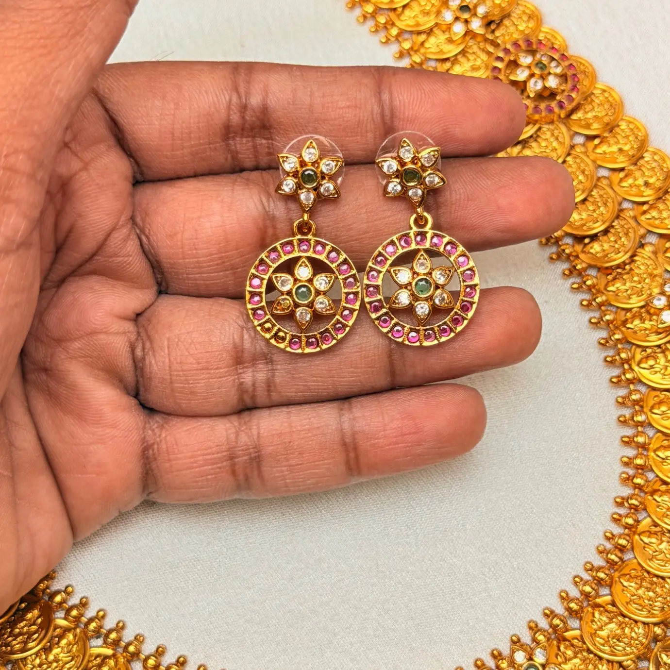 1 Gram Gold Plated Double-Step Kasu Mala / 2-Layer Lakshmi Kasu Haram with Floral CZ Medallion Motifs & Matching Studs SJLH023
