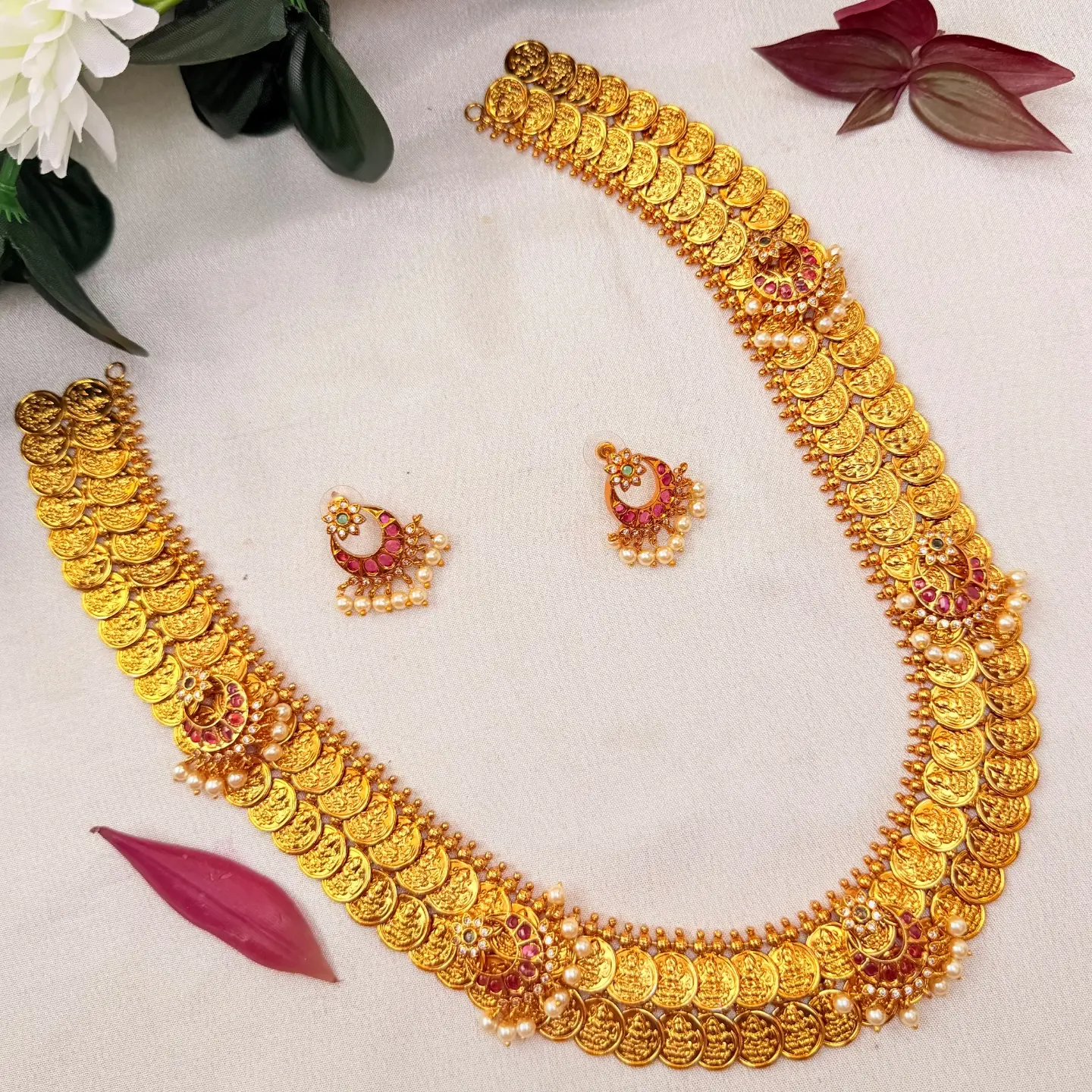 1 Gram Gold Plated Double-Layered Chandbali Kasu Haram / 2-Step Lakshmi Kasu Mala with Crescent Pearl Earrings SJLH024